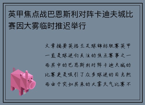 英甲焦点战巴恩斯利对阵卡迪夫城比赛因大雾临时推迟举行